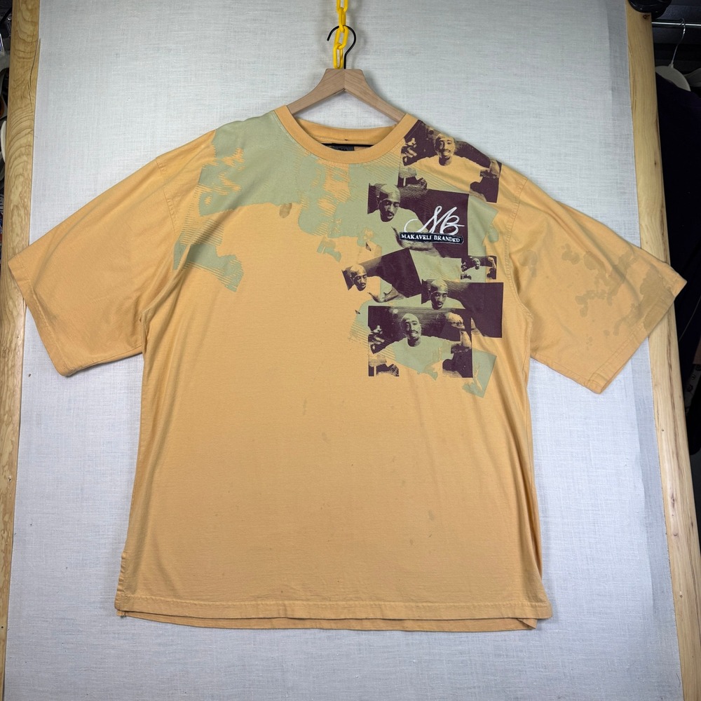 VTG Makaveli Tupac Mens Sz 5XL Shirt Shakur Hip Hop Rap Tee Orange Graphic Flaws